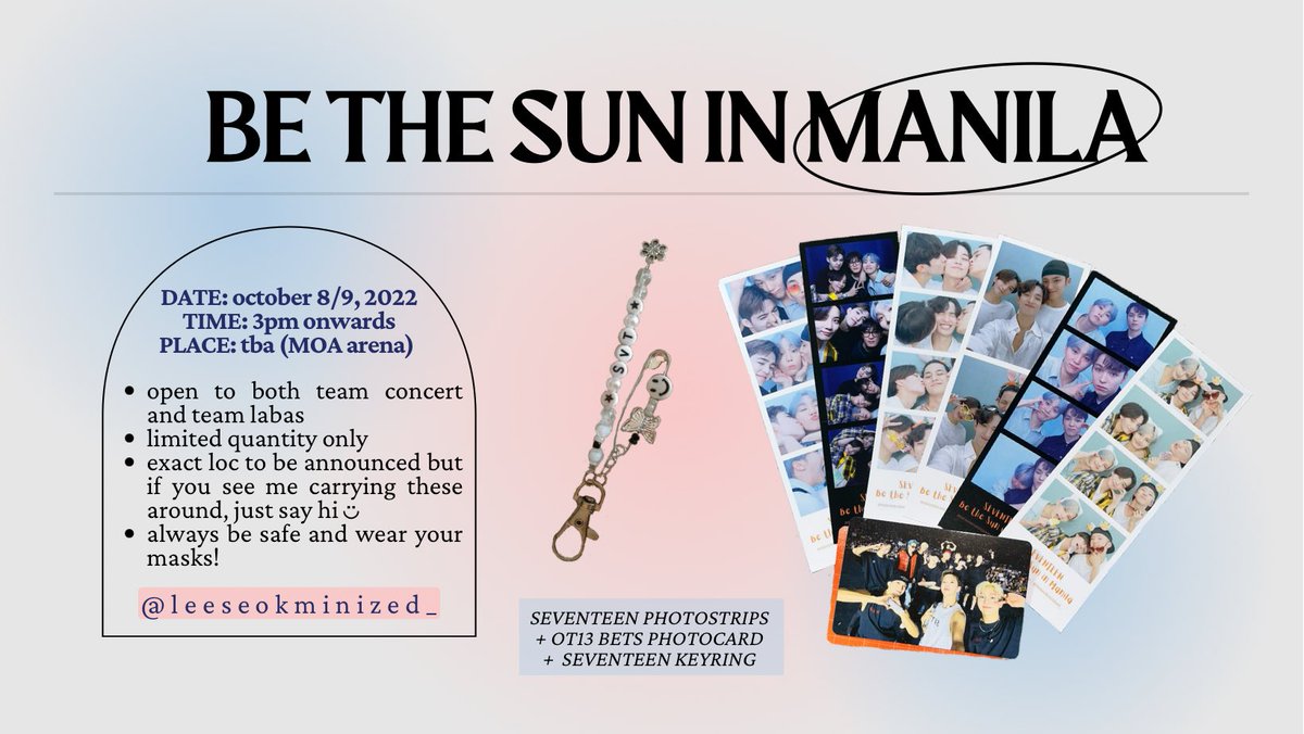 𖤓 be the sun in manila giveaway 𖤓

➸ oct 8 &amp; 9, 2/3pm onwards
➸ exact loc to be announced
➸ open to all carats ♡

stay healthy &amp; see you this weekend~ (◠‿◠.) 

#BETHESUNinMNL #BeTSinManila
#SEVENTEENinMNL #세븐틴 <a href="/pledis_17/">세븐틴(SEVENTEEN)</a>