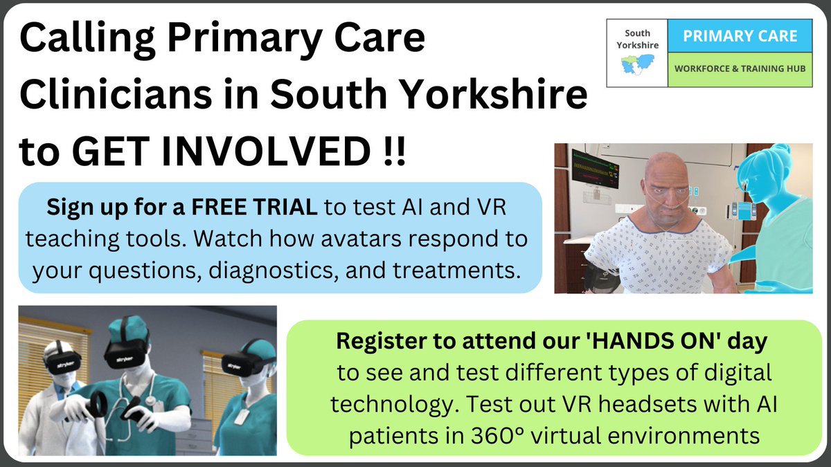 SY Training Hub (@pcwt_hub) on Twitter photo Don’t miss two fantastic opportunities to help shape the future of Primary Care Training by getting involved in testing some exciting AI & VR learning tools! For more information on signing up for a FREE TRIAL or registering for our 'HANDS ON' day go to: pcwth.co.uk/get-involved/ Don’t miss two fantastic opportunities to help shape the future of Primary Care Training by getting involved in testing some exciting AI & VR learning tools! For more information on signing up for a FREE TRIAL or registering for our 'HANDS ON' day go to: pcwth.co.uk/get-involved/