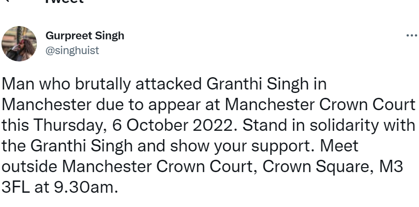SikhPA's tweet photo. * SIKH GATHERING TOMORROW - MANCHESTER CROWN COURT *

UK Sikhs have been called to come together for the first court hearing of Claudio Campos, who faces charges for an unprovoked attack on a 62-year-old Granthi (Sikh faith leader in charge of scripture) that left him in a coma. https://t.co/J5pqeLig5H