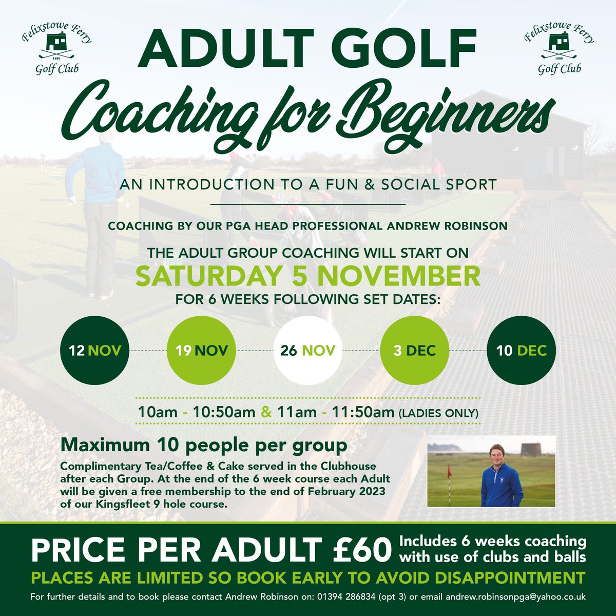 felixstoweferry's tweet photo. Adult Golf for BEGINNERS starting 5th November. Get into a year round sport that’s good for your fitness and well being. #golf #learntoplaygolf #beginnersgolf #golflessons #felixstowe #suffolkgolf https://t.co/UqtOyFUhNS
