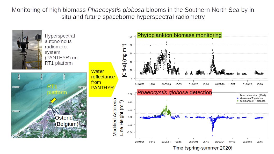 In the Southern North Sea, PANTHYR autonomous hyperspectral radiometer is used to monitor blooms of Phaeocystis globosa, an algae with negative environmental impacts. Performance of future hyperspectral satellites could also be simulated. More info here : sciencedirect.com/science/articl…