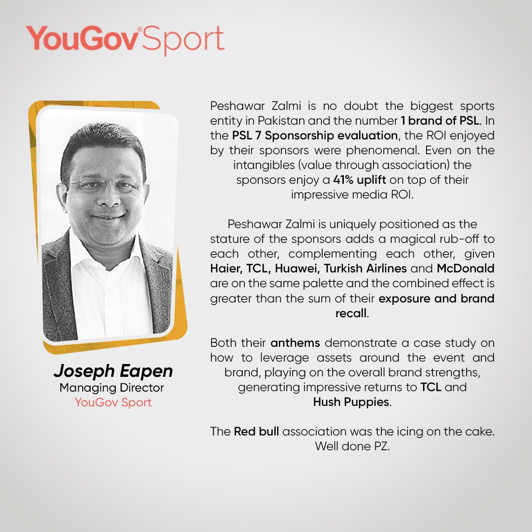 PeshawarZalmi's tweet photo. Joseph Eapen, Managing Director YouGov Sport congratulates Peshawar Zalmi on emerging as the biggest sports entity in Pakistan and the number 1 brand of PSL in the PSL 7 Sponsorship Evaluation Report by YouGov⚡️

@YouGov 
@YouGovSport 
@Joseph_Eapen 

(1/6) https://t.co/0thcir9AW3
