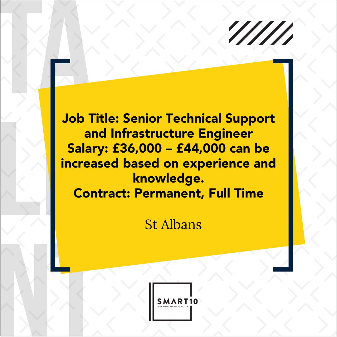 🔥 NEW OPPORTUNITY 🔥

On behalf of our client in St Albans, who specialises in IT Software, we are currently recruiting for a Senior Technical Support and Infrastructure Engineer.

If this role is of interest to you, contact smart10 today 📲01707 242962 

#career #opportunity