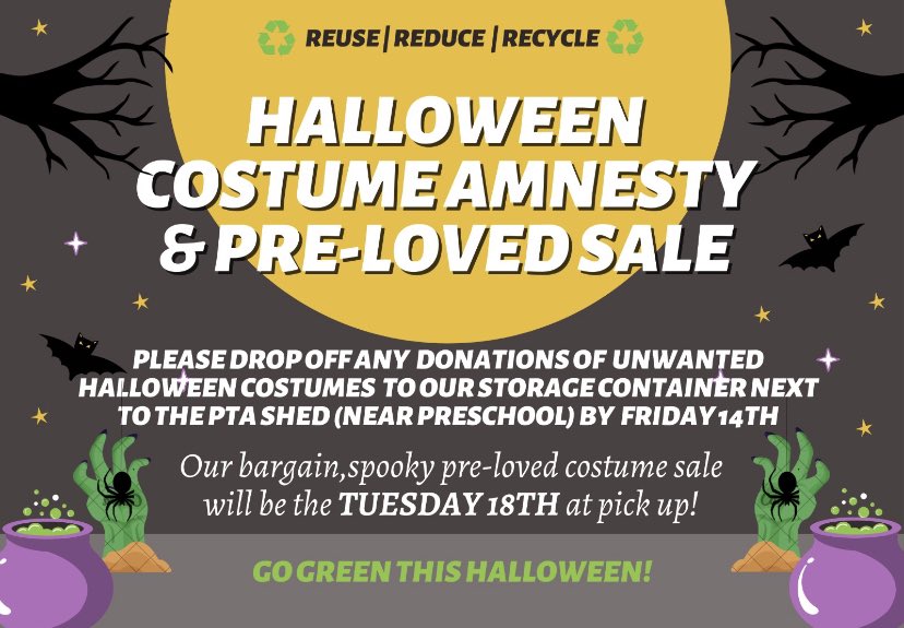 LostockPta's tweet photo. ♻️🎃GO GREEN THIS HALLOWEEN!🎃♻️  

We are asking for donations of Halloween costumes in an effort to Reduce | Reuse | Recycle.  Please drop off your donations at the storage container next to the PTA shed by Friday 14th October.  
COSTUME SALE: TUE 18th @ pick up https://t.co/H2NIicIuKW