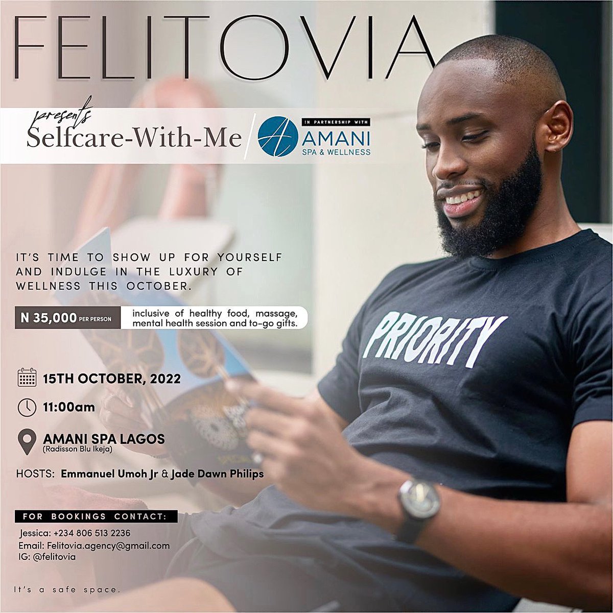 It’s time to show up for yourself, let’s indulge together in the luxury of wellness this October 15th at Amani Spa Lagos (Radisson Blu Ikeja) Join me at 11:00am on the 15th of October as Jade Dawn Philips and myself take you on a Selfcare Journey you didn’t know you needed❤️