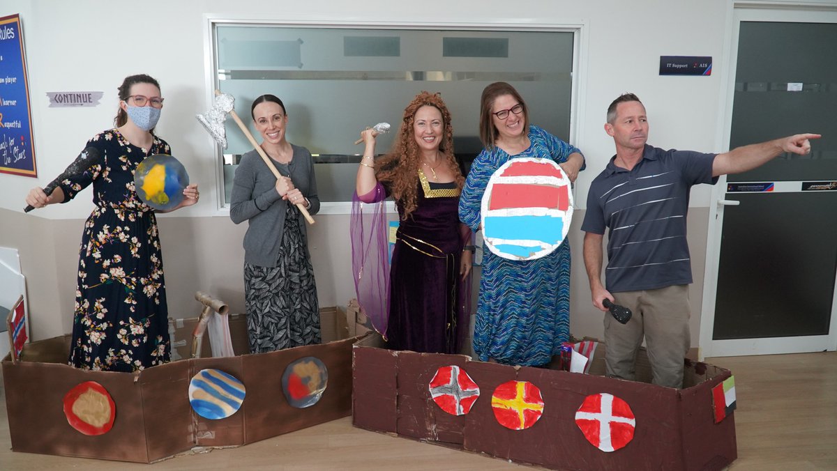 AIS_Grade6's tweet photo. All #AISGrade6 teachers ready to sail away on Vikings ship. Aye aye captain! #AISPrimarySch https://t.co/MfXpjnMVWP