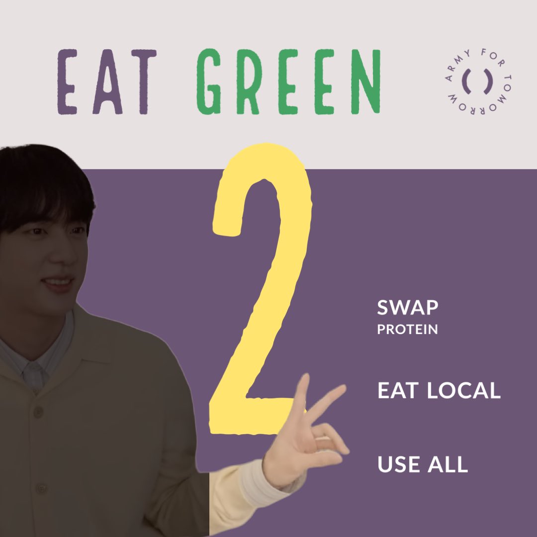 ARMYforTomorrow's tweet photo. To recap:

No.👆🏽#StrongPower by Mr. Strong Power himself 😉 is about advocacy &amp; mobilization 

No.✌🏽#EatGreen by Eat Jin is on eating well while loving ourselves &amp; the 🌏 Very WWH

And now 🎺

No. 🤟🏽 #GoGo &amp; 🐱’s EMEKA hand sign is about how we can transport ourselves with 💜🌏 https://t.co/9EKsJKpepp