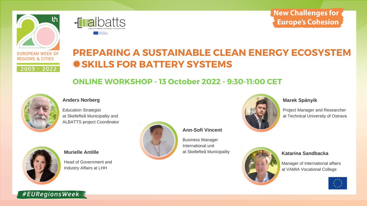 ALBATTS1's tweet image. Meet the speakers of our coming #EURegionsWeek workshop on October 13!
This workshop will provide a detailed overview of the skills and job roles required to implement a reliable battery value-chain.
Register today at eu.app.swapcard.com/event/euregion…