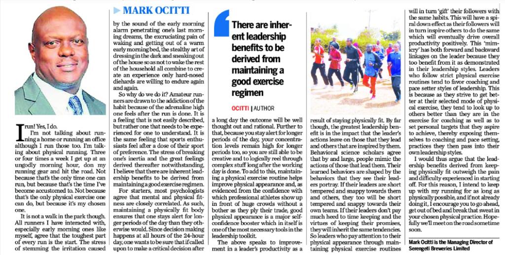There are inherent leadership benefits to be derived from maintaining a good exercise regime
