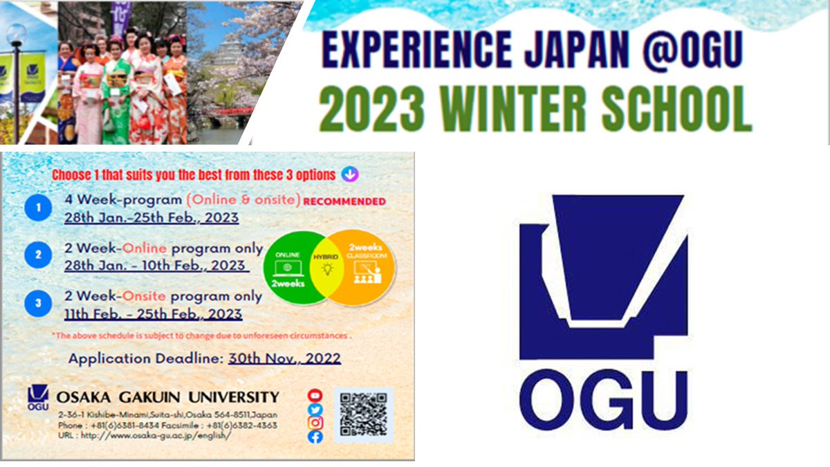 Gakuin University presents its 'Experience Japan 2023 Winter School' program aimed at Undergraduate/Graduate students who are interested in learning Japanese language and culture. In the following link you will find the information osaka-gu.ac.jp/english/int_ex…