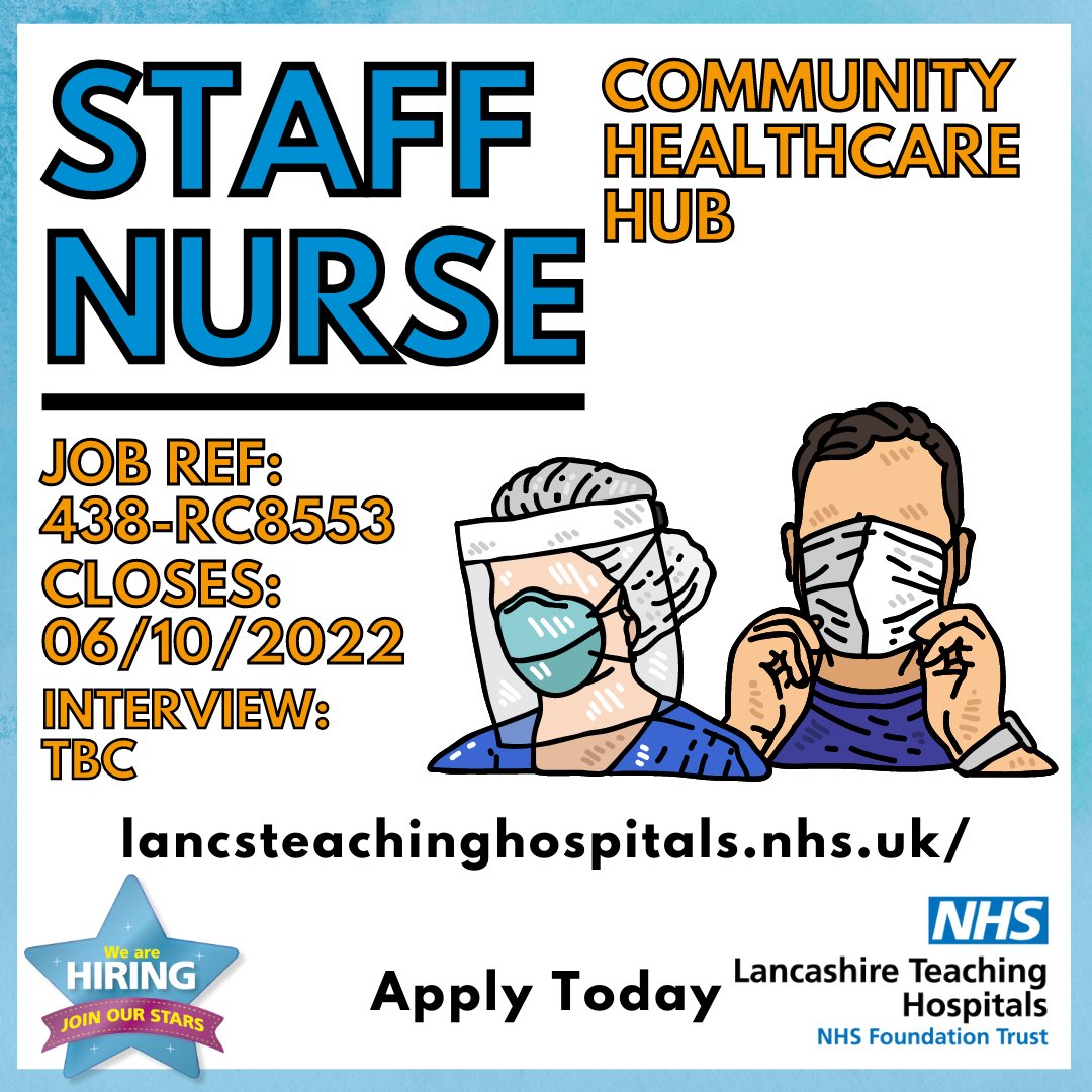 Job Vacancy: Staff Nurse - Community Healthcare Hub <a href="/LancsHospitals/">Chorley & Royal Preston</a> 

Who wouldn’t want to be part of something new and exciting?

⏰ Closes: 06/10/2022

Discover more hereL bit.ly/3DWcMdk

#NHS #NHSjobs #Lancashire #Preston #Healthcare #band5 #StaffNurse #Nurse