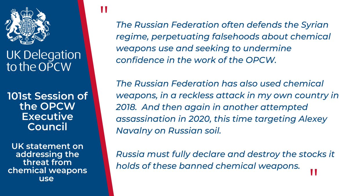 UK_OPCW's tweet photo. #EC101 is still discussing agenda item 6(g) - addressing the threat from chemical weapons use
The UK has underlined the responsibility of the Executive Council to challenge all instances of chemical weapons use, including by the Russian Federation
#EC101 #OPCW #CWC https://t.co/zaq34ursG1