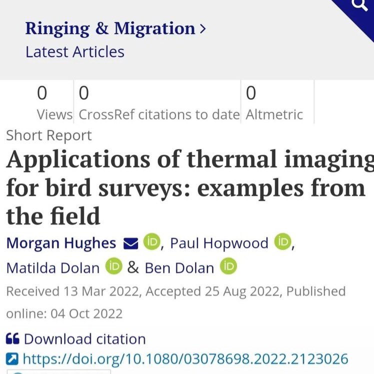 Fantastic news that ourselves & @TheReremouse have a paper out in @btobirds Ringing and Migration journal. The paper, 'Applications of thermal imaging for bird surveys: examples from the field' details the group's innovation and years of hard work in the field. So Happy!