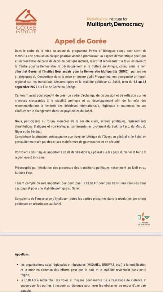 NimdMali's tweet photo. A l'issue du "Forum de Gorée" les 12 et 13 septembre avec acteurs politiques/civiques/universitaires du #Burkinafaso,#Mali, #Niger et #Sénégal sur les "Transitions et la stabilité politique dans le Sahel", un appel a été lancé. @WeAreNIMD @NIMDMali @GoreeInstitute #PoD_Consortium https://t.co/jQvN98QWjF