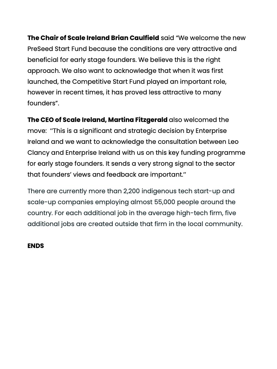 We strongly welcome Enterprise Ireland’s new PreSeed Start Fund officially launched today. We want to thank the <a href="/Entirl/">Enterprise Ireland</a>  team for consulting &amp; engaging with <a href="/ScaleIreland/">Scale Ireland</a>  on its new fund which we feel will strongly benefit early stage founders. <a href="/leo_clancy/">Leo Clancy</a> <a href="/LeoVaradkar/">Leo Varadkar</a> <a href="/earlytom/">tom early</a>