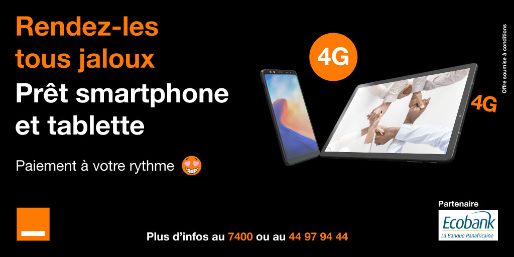 Envie d’un smartphone ou une tablette de dernière génération ? Orange en partenariat avec Ecobank, vous offrent la possibilité de l’avoir en payant à votre rythme. Une occasion en or, pour être à la pointe de la technologie 😀 Pour plus d’infos RDV en agence Orange ou Ecobank