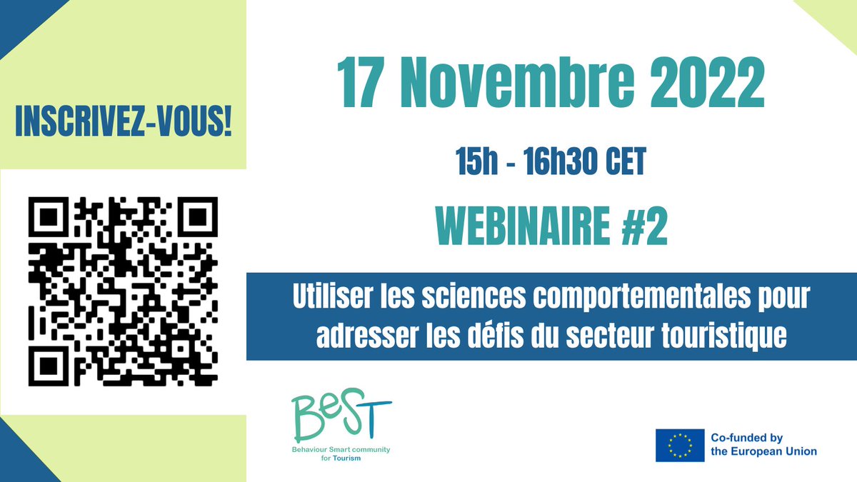 🗓️  #SaveTheDate Le 17 Novembre, rejoignez le 2e webinaire du projet BeST! <a href="/Nudge_BeST/">Nudge My Tour - BeST</a> ! 
Nous regarderons comment les connaissances du cerveau&amp;du comportement humain peuvent aider à faire face aux défis du #tourisme aujourd'hui&amp;demain.
➡️ Inscriptions: bit.ly/3UZH9WA