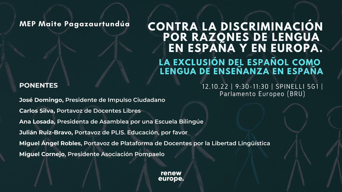 Tolerancia1992's tweet photo. Un grupo de compañeros de lucha, junto con @maitepagaza, celebrarán el día de la Hispanidad en @Europarl_ES denunciando la exclusión del español como lengua de enseñanza ¡en España!
#SpanishVehicularLanguage
#EspañolLenguaVehicular
#WhithoutExclusion
#SinExclusion
#RenewEurope https://t.co/bCrQfAvr8F