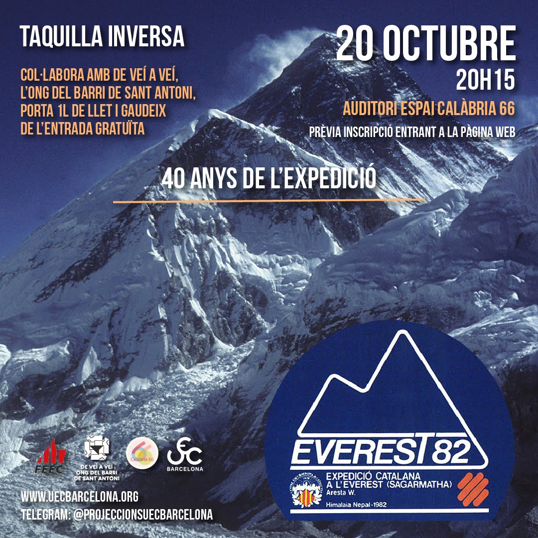 🗓Dijous 20 d'octubre - 20h15
📍Auditori de Calàbria 66

🗣 Celebrarem els 40 anys de la primera expedició catalana a l'Everest l'any 1982 amb el documental "Catalunya al sostre del món"🏔

➡️ eventbrite.es/e/entradas-pro…