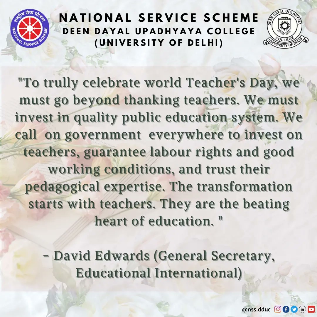 nss_dduc's tweet image. &quot;It is a Supreme art of the teacher to awaken joy in creative expression and knowledge.&quot;Albert Einstein
@nss_dduc heartily wishes you all on this auspicious occasion of  World Teacher&apos;s Day. 
@NssrdD @_NSSIndia @ConnectingNss 
#WorldTeachersDay #education 
#educatorsforchange