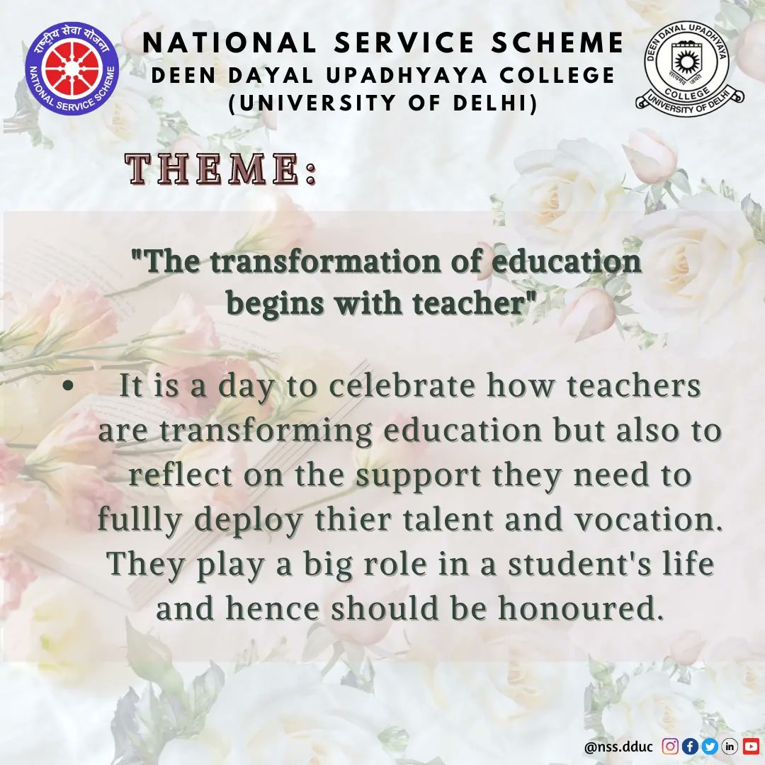 nss_dduc's tweet image. &quot;It is a Supreme art of the teacher to awaken joy in creative expression and knowledge.&quot;Albert Einstein
@nss_dduc heartily wishes you all on this auspicious occasion of  World Teacher&apos;s Day. 
@NssrdD @_NSSIndia @ConnectingNss 
#WorldTeachersDay #education 
#educatorsforchange