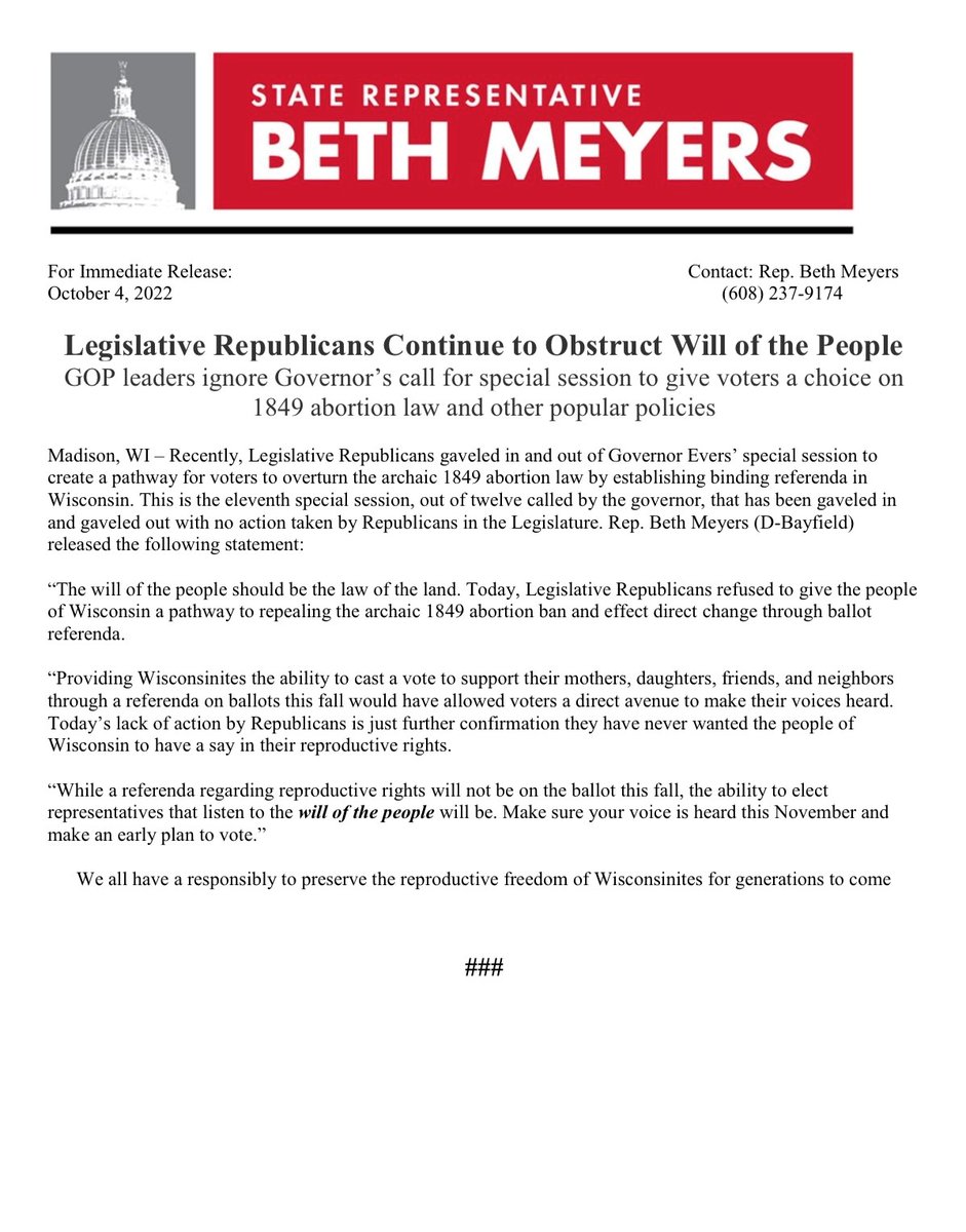 beth_rep's tweet photo. Recently, Legislative Republicans gaveled in and out of Governor Evers’ special session to create a pathway for voters to overturn the archaic 1849 abortion law by establishing binding referenda in Wisconsin.

My full statement below: https://t.co/8SR507Cer9