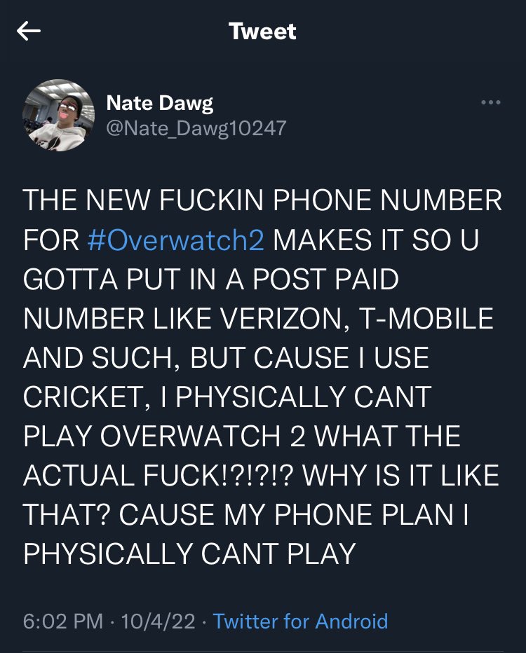 BitchAssBowie's tweet photo. Overwatch 2 requires your phone number but only players with post paid plans are allowed to play the game

then for the lucky few that did get in, couldnt even play because of a major DDOS attack crippling the game on launch day 

Overwatch is on a speed run to being a dead game https://t.co/6E8K6BbkQ1