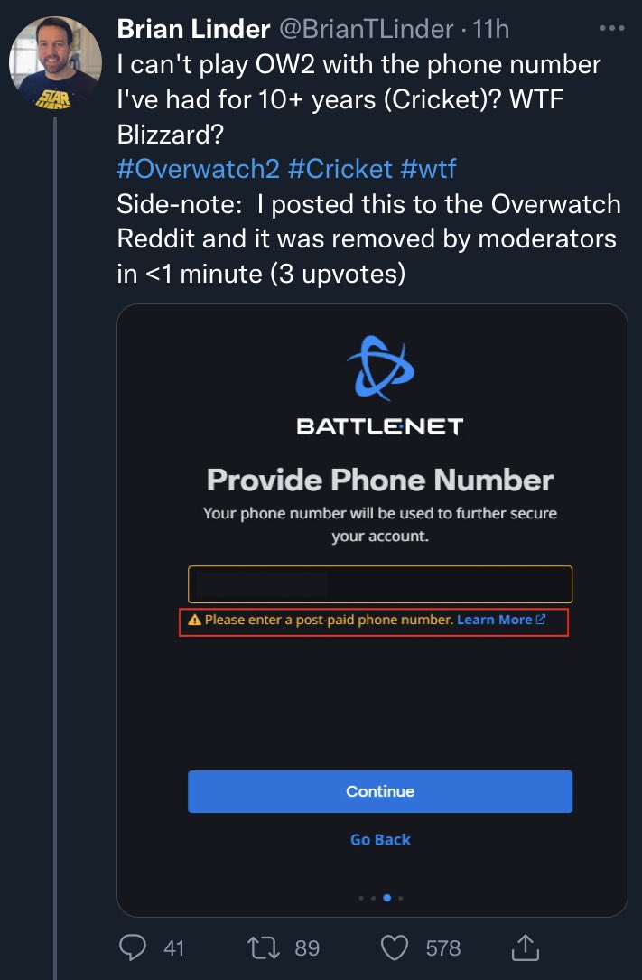 BitchAssBowie's tweet photo. Overwatch 2 requires your phone number but only players with post paid plans are allowed to play the game

then for the lucky few that did get in, couldnt even play because of a major DDOS attack crippling the game on launch day 

Overwatch is on a speed run to being a dead game https://t.co/6E8K6BbkQ1