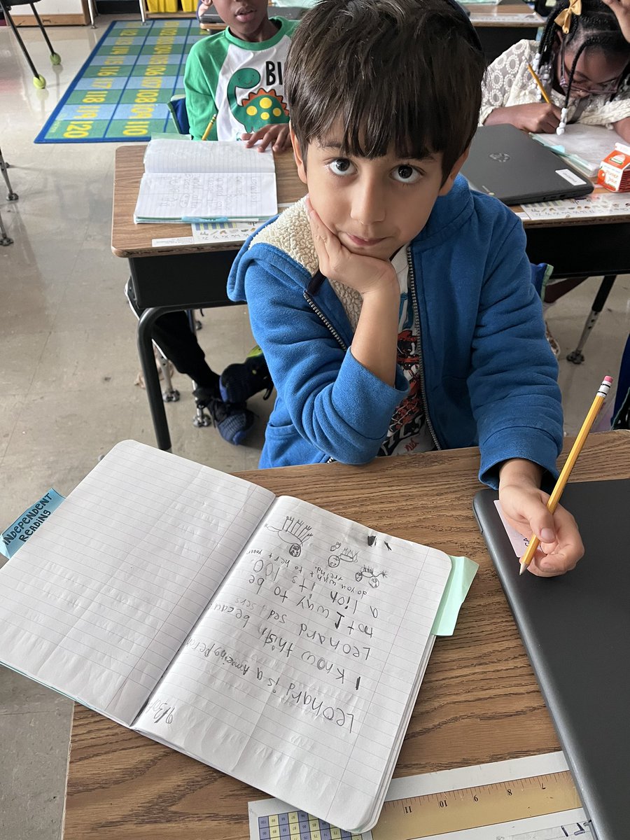 MrsAndrejko's tweet photo. Tt: Id like you to grow a theory about the kind of character Leonard is using evidence from the text to support your thinking.👩🏻🏫
2nd grade: sure, no problem 📝😎
#writingaboutreading
@CornwellAveES @WhufsdRams https://t.co/t5mCFiK0MD
