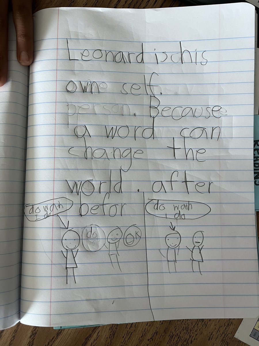 MrsAndrejko's tweet photo. Tt: Id like you to grow a theory about the kind of character Leonard is using evidence from the text to support your thinking.👩🏻🏫
2nd grade: sure, no problem 📝😎
#writingaboutreading
@CornwellAveES @WhufsdRams https://t.co/t5mCFiK0MD