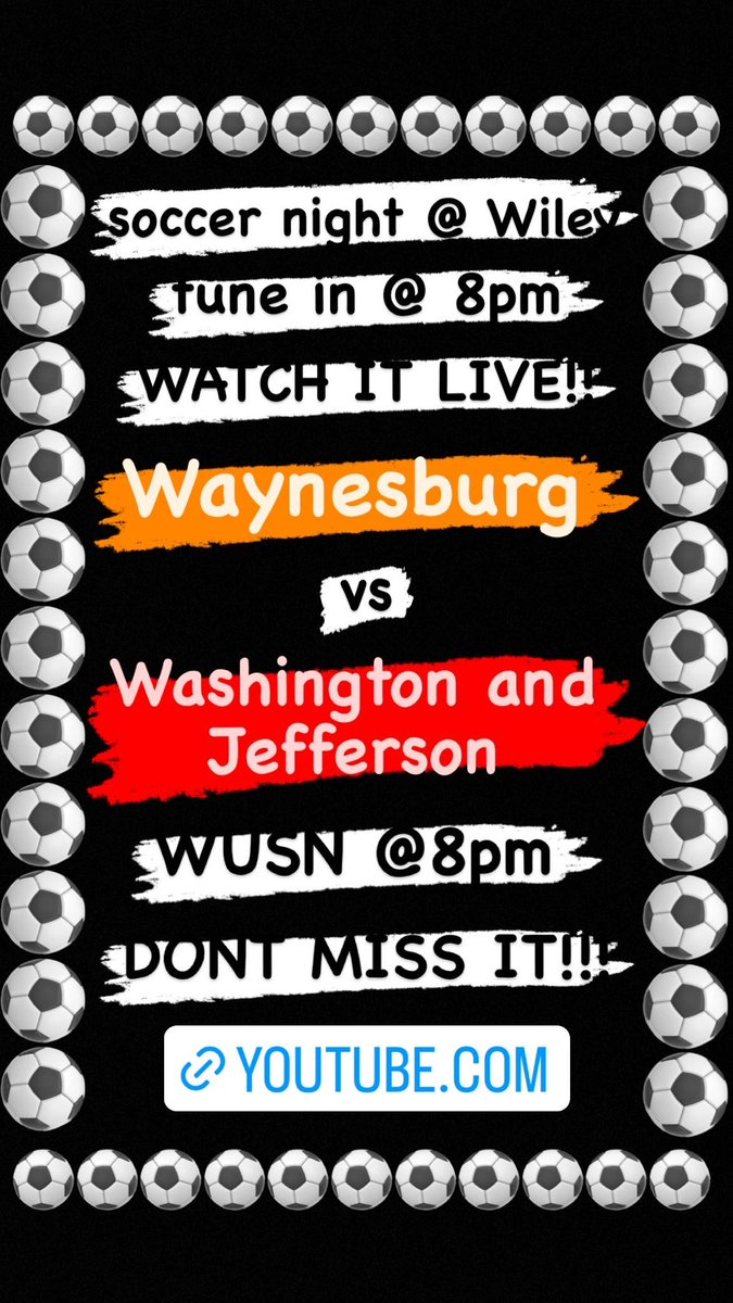 Another reminder!!! ‼️TONIGHT AT 8PM‼️ tune into WUSN to watch <a href="/WUfooty/">WU Men's Soccer</a> take on W&amp;J!!! Click the link below to watch!!!
youtube.com/c/WCTVWaynesbu…