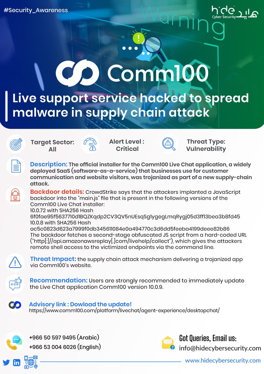 hidecybersec's tweet photo. Live support service hacked to spread malware in the supply chain attack.

The official installer for the Comm100 Live Chat application, a widely deployed SaaS that businesses use for customer communication and website visitors, was trojanized as part of a new supply-chain attack https://t.co/hiarxwir0b