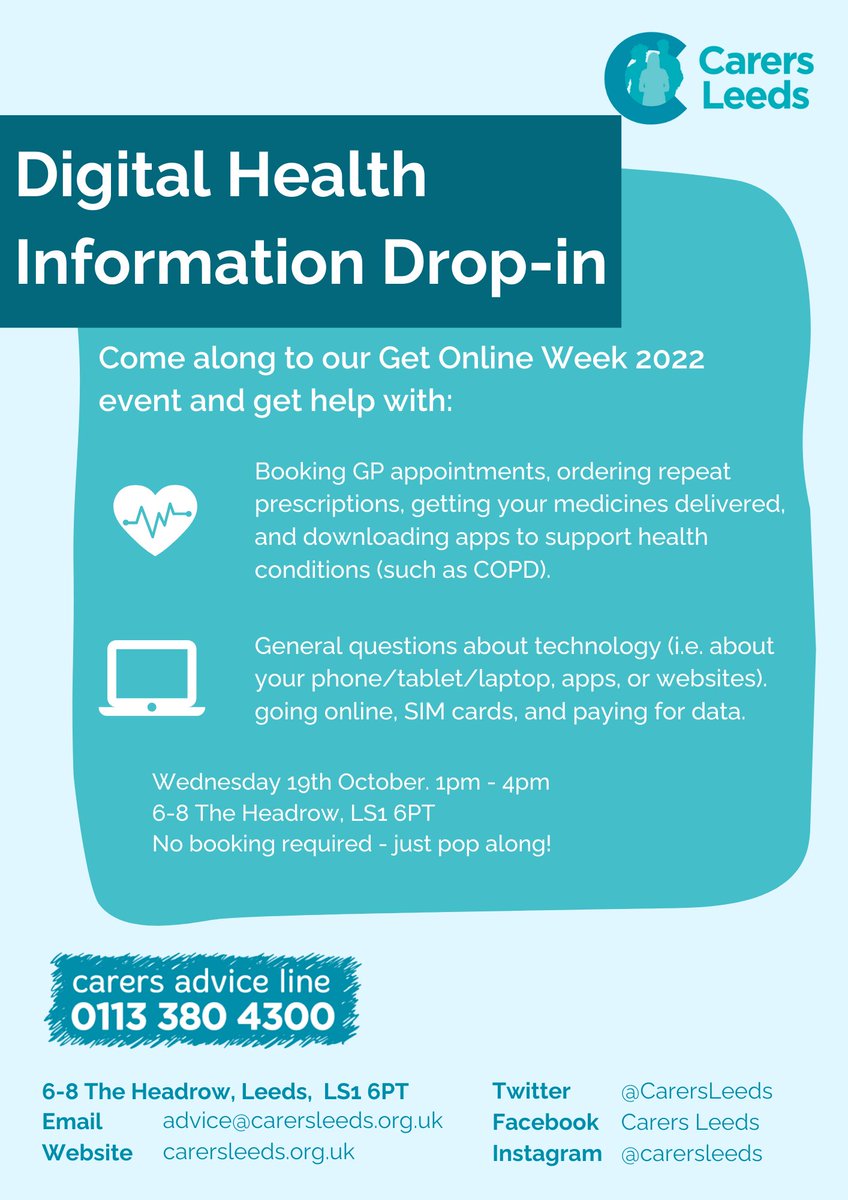 1HollyWilkins's tweet photo. 📱

Get Online Week 2022 is coming up, and this year's theme is #TryOneThing!

To celebrate and support people on their digital journeys, we are hosting a Digital Health Drop-in on the 19th October. Details of what we can help with below!

@CarersLeeds @GetOnlineWeek 
💛 https://t.co/PnlBiBPBEI