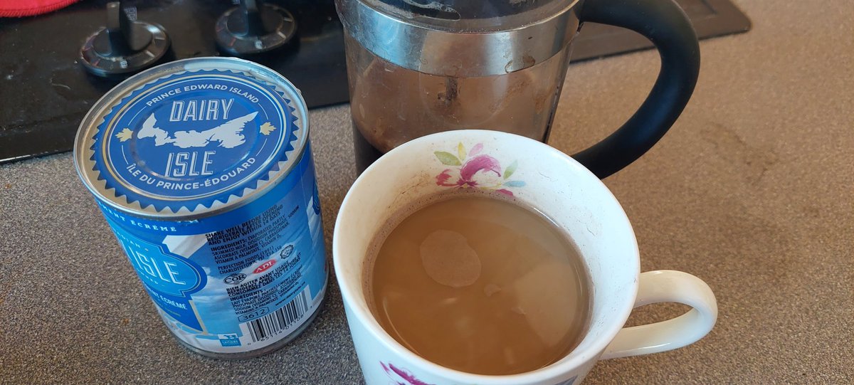 Pastimespei's tweet photo. Fancy coffee today thanks to the woodstove and Dairy Isle canned milk. The life of riley here. https://t.co/hAyADkzqhT
