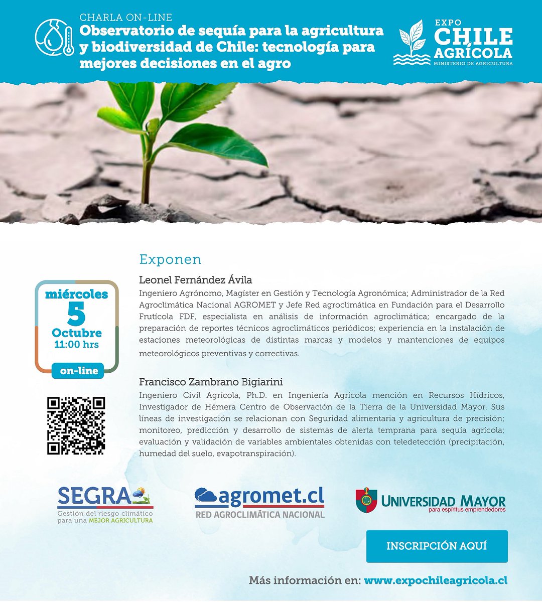 Pronto iniciará nuestra Charla en #expochileagrícola  
No faltes!!!
Inicia a las 11:00 AM y puedes inscribirte en:
bit.ly/3E1DqBL
<a href="/AgroClimaticoCL/">Portal Agroclimático</a> <a href="/Agromet_RAN/">Agromet</a> <a href="/umayor_/">Universidad Mayor</a>