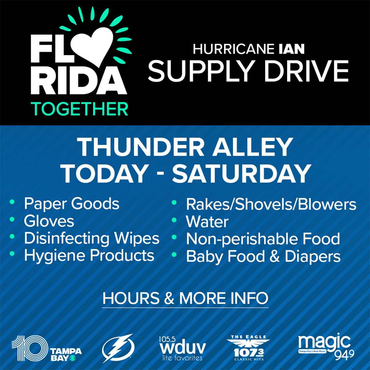 10TampaBay's tweet photo. FLORIDA TOGETHER ♥  People trying to recover from Hurricane Ian can’t do it alone. They need your help.

That’s why 10 Tampa Bay, the @TBLightning and Cox radio stations have teamed up to collect donations &amp; supplies for people impacted by #HurricaneIan. https://t.co/ItCzLFtgj9 https://t.co/U0AbITAjWi