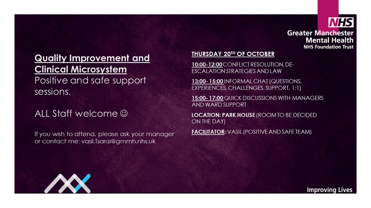 Another support visit at park house on Thursday the 20th of October to deliver a few sessions as part of Positive and Safe support for QI and Clinical Microsystem. Any staff who think this might be beneficial feel free to join 🙂