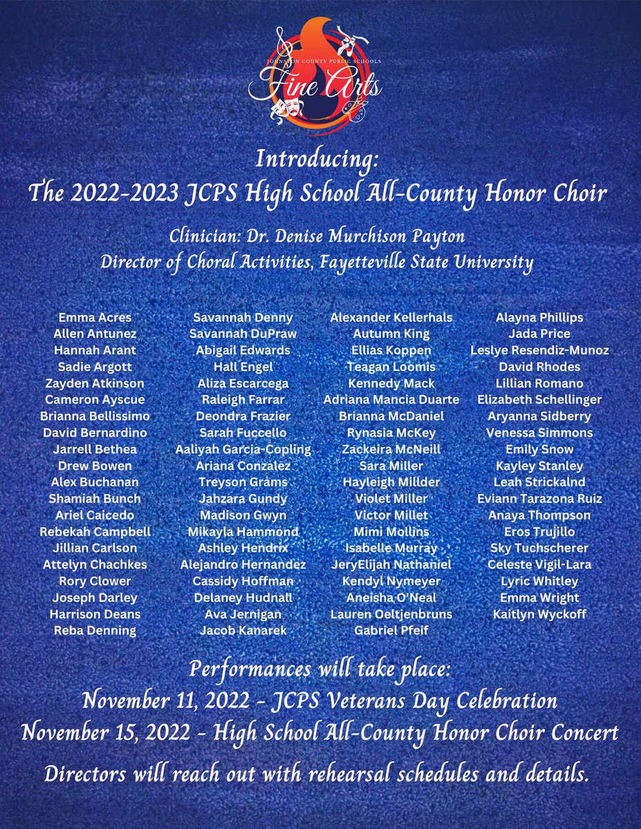 JCPSArtsEd's tweet photo. Congratulations to the High School Choral students that were selected for the 2022-2023 JCPS HS All-County Honor Choir and to their directors!! @JCPS_NC https://t.co/jpCEwlgIRX