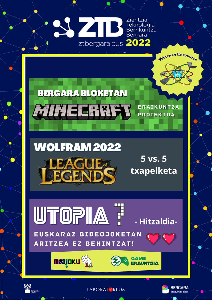 ⚛️🎮Gogoratu! @BergarakoUdala|k bideojokoekin lotutako hainbat ekimen antolatu ditu @WolframEncounte|rako! Txapelketak, sormen proiektuak, hitzaldiak... denetarik prestatu dute. Parte hartu nahi? Jarraitu irakurtzen👇👇 #ZTB #ZTB2022 #Bergara @BergaraMuseoa @maijoku