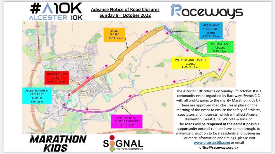Alcester_10k's tweet photo. Road Closure Information 

This Sunday 9th October!

Alcester Autumn 10k 2022 
See https://t.co/vCs2CefPYU for specific timings

These are the latest times at which the road will be closed and reopened.

#alcester #alcesterhour #alcesterbusiness #alcester10k #alcesternews https://t.co/uVCcc3jlrt