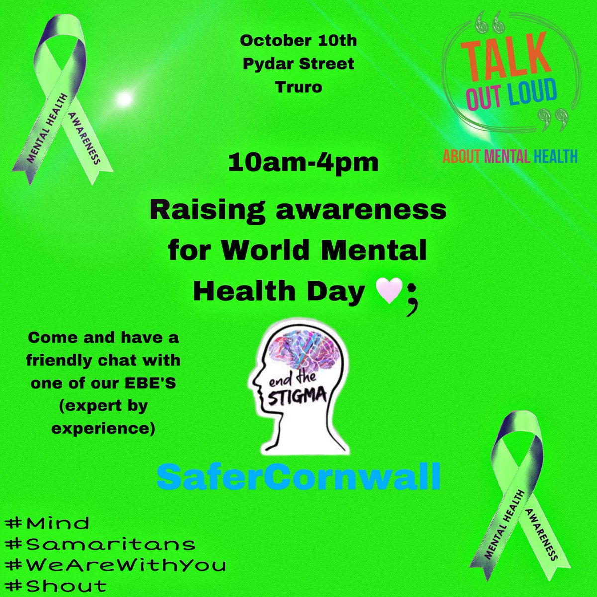 Monday 10th October is #WorldMentalHealthDay and our Experts by Experience will be in Pydar Street, Truro between 10am and 4pm to raise awareness of all things mental health. Go and see them for a friendly chat.