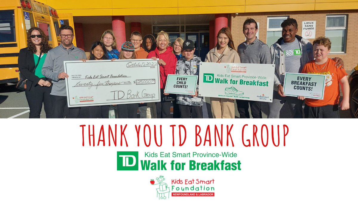 It is TD Walk for Breakfast Day! Thank you to 
<a href="/TD_Canada/">TD (Canada)</a> for their continued support of our Kids Eat Smart Clubs in Newfoundland and Labrador. Together, we make it happen! #EveryBreakfastCounts #TDWalkforBreakfast2022 
<a href="/tinafmurphy/">Tina Murphy</a> <a href="/JennAuld/">Jenn Auld</a> <a href="/MuirChris_TD/">Chris Muir</a>
<a href="/StTeresasSchoo1/">St. Teresa's School</a>