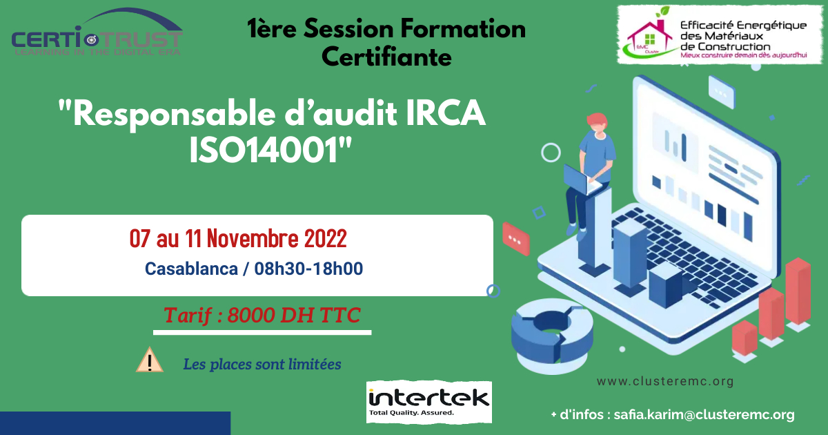 ClusterEMC's tweet photo. Le Cluster EMC et L'Organisme Certi-Trust organisent la 1ère Session de la formation certifiante " IRCA ISO 14001 : 2018, Responsable d'audit du Système de Management de l'Environnement ", 
*Lien d'inscription (Obligatoire) : https://t.co/mJrqOhKW4N

*Les places sont Limitées. https://t.co/Tg3a90UHeB