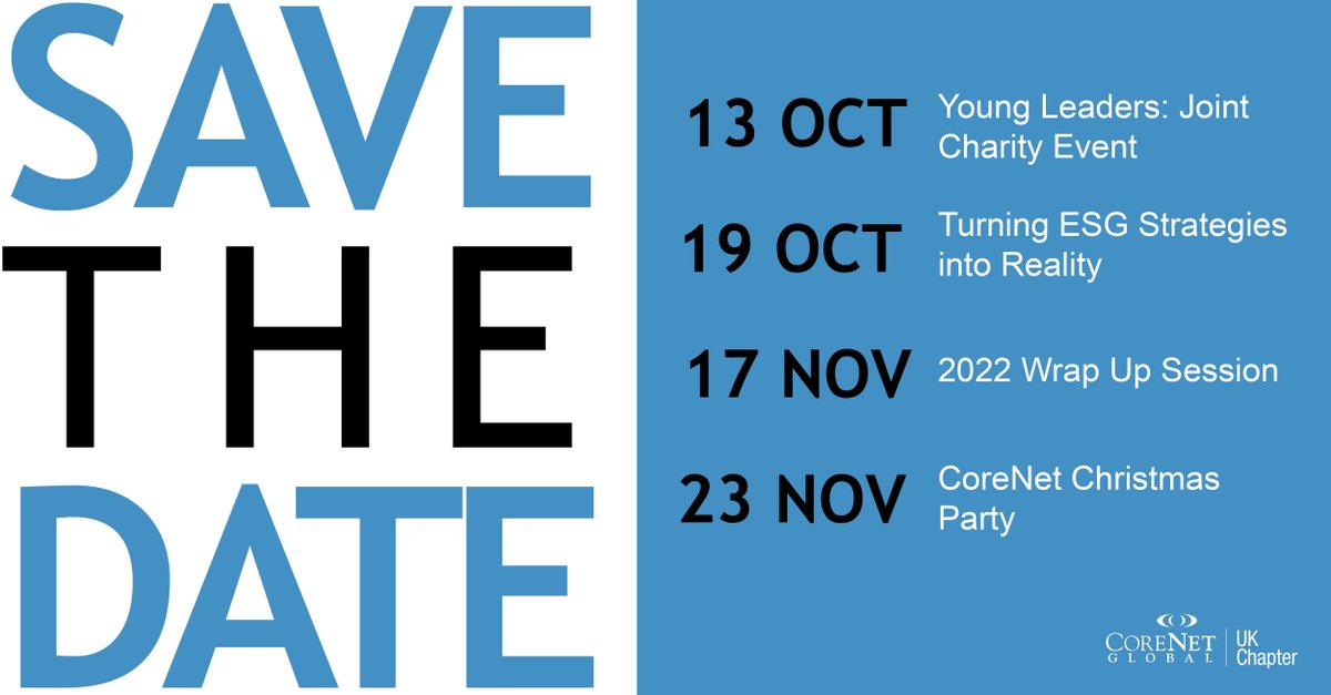 The end of the year is approaching and the CoreNet team has been very busy arranging top quality events to see the year out.

Keep an eye on our website - bit.ly/3T0Do1p and social media channels for details and booking links.

#events #CRE #corporaterealestate