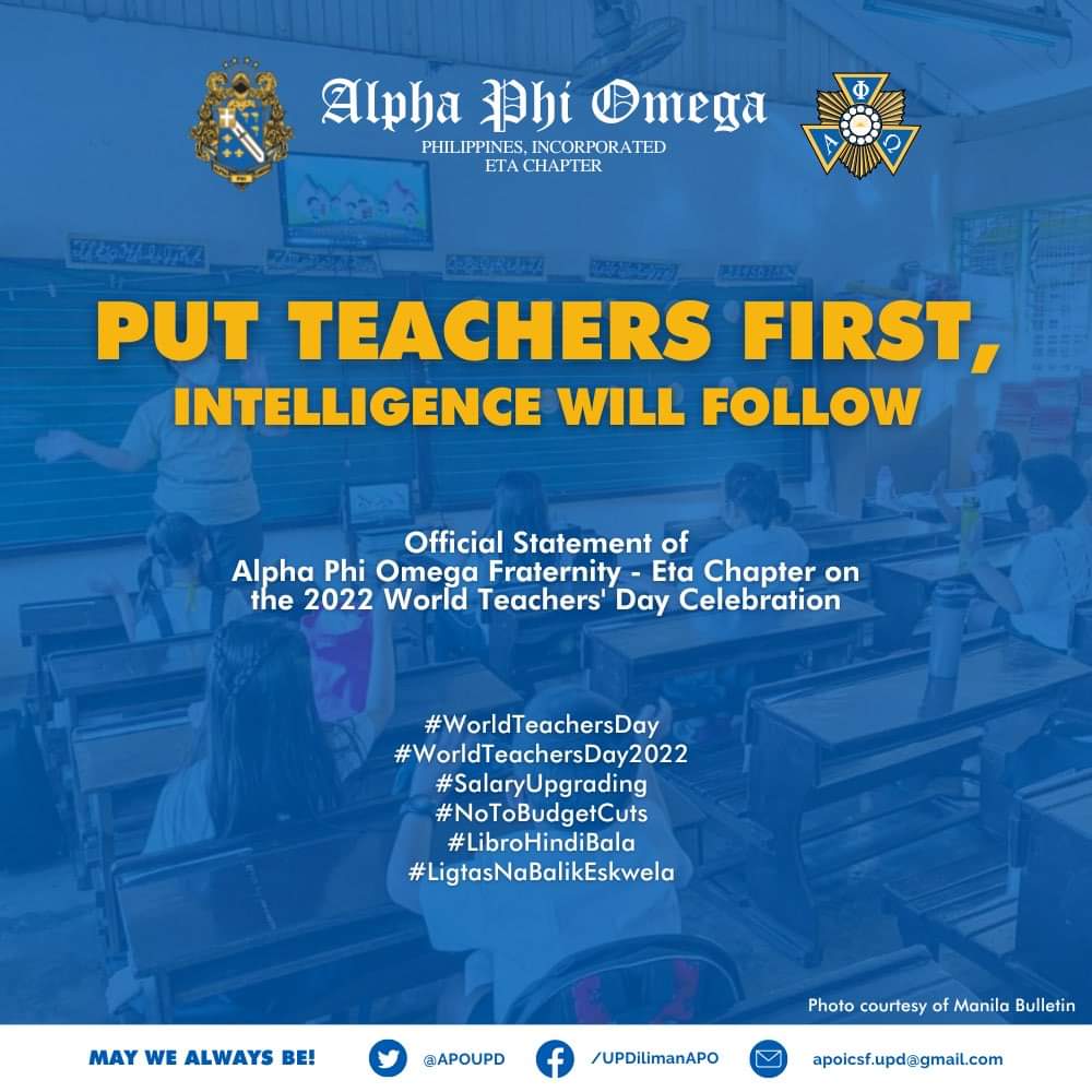 PUT TEACHERS FIRST, INTELLIGENCE WILL FOLLOW:
Official Statement of the Resident Members of Alpha Phi Omega Fraternity - Eta Chapter

Read full statement here: facebook.com/story.php?stor…