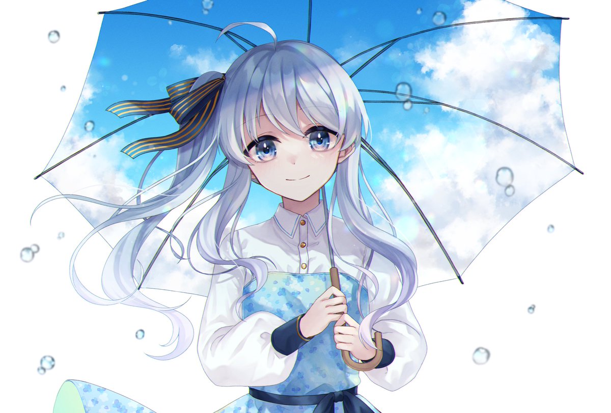 1girl solo umbrella blue eyes sky print smile holding  illustration images