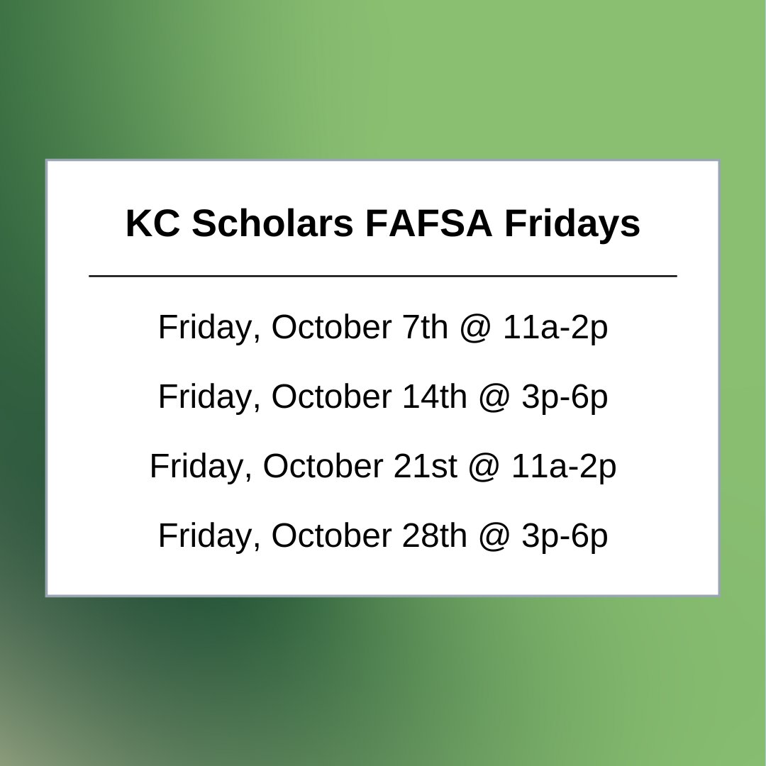 Need help with your FAFSA? Join KC Scholars and the Hybrid College Advising Team on Zoom every Friday this month to get 1:1 assistance with your FAFSA 💸