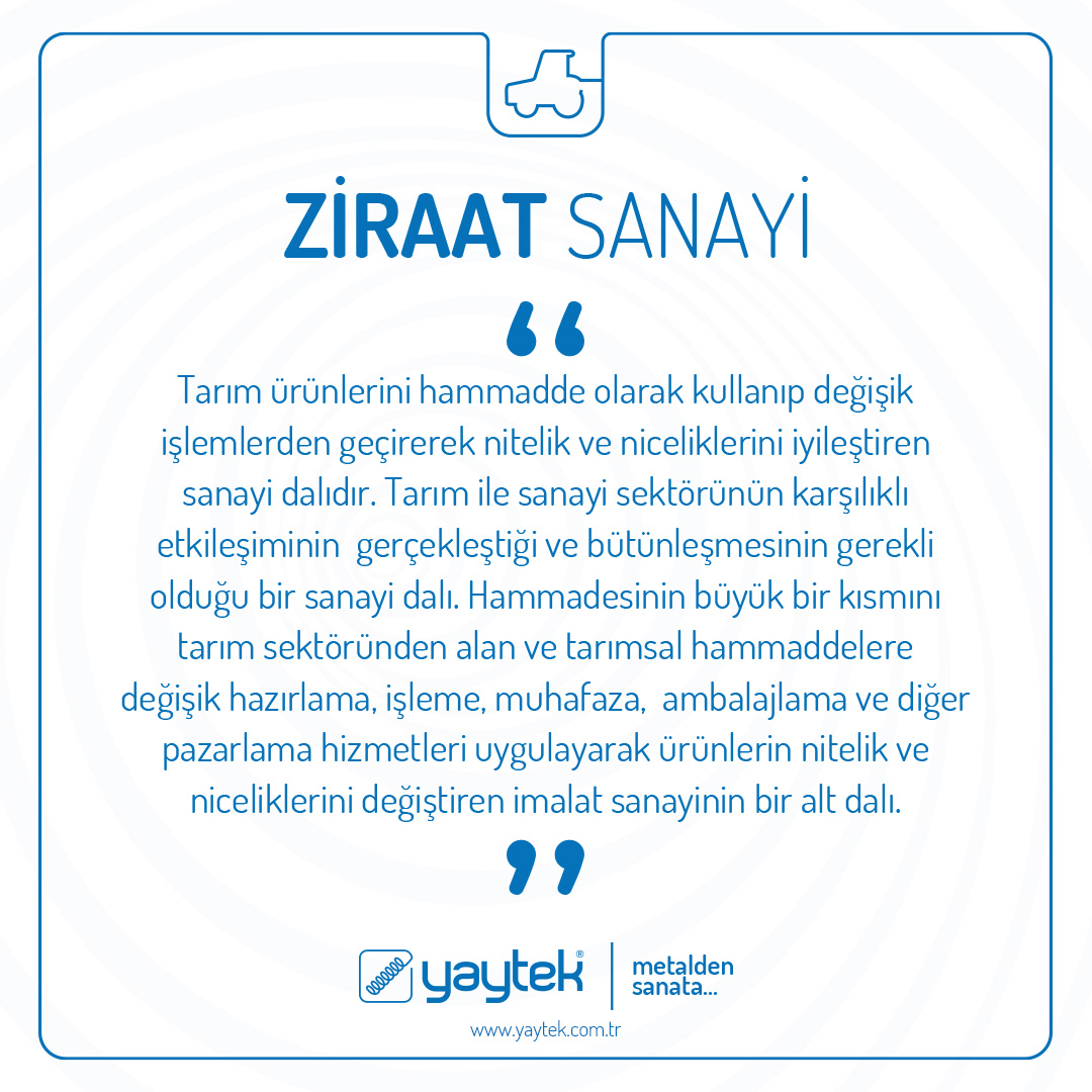YaytekYay's tweet photo. 📌ZİRAAT SANAYİ
Tarım ürünlerini hammadde olarak kullanıp değişik işlemlerden geçirerek nitelik ve niceliklerini iyileştiren sanayi dalıdır. Tarım ile sanayi sektörünün karşılıklı etkileşiminin gerçekleştiği ve bütünleşmesinin gerekli olduğu bir sanayi dalı. https://t.co/RNkl4YzRUJ
