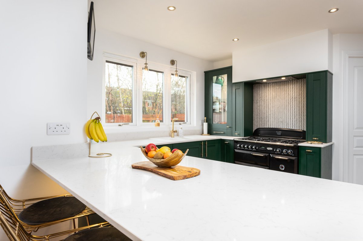 GeminiWorktops's tweet photo. Dark forest green tones to welcome in the Autumnal months🍁
These deep green units with gold hardware and marble effect Gemini quartz create such timeless, classic look and just show how being bold with colour doesn’t have to be scary!
#QuartzWorktop #kitchendesign #kitcheninspo https://t.co/A9A37rz3Jh