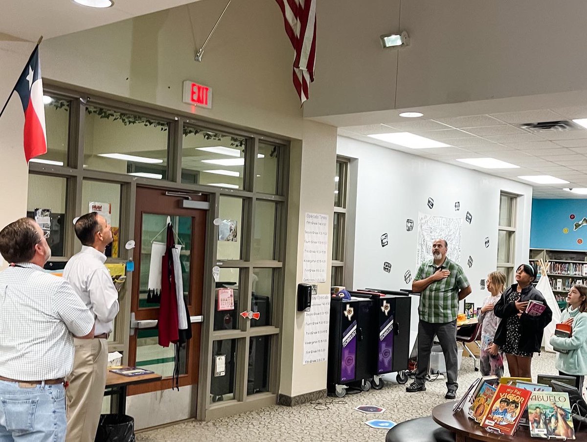 Granbury ISD school board trustees visited with teachers and staff at STEAM Academy at Mambrino during Breakfast with the Board this morning.  STEAM ambassadors helped host by greeting attendees into the school library.  #PirateFamily